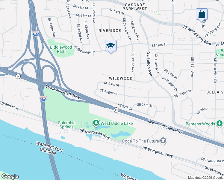 map of restaurants, bars, coffee shops, grocery stores, and more near 12714 Southeast Angus Street in Vancouver