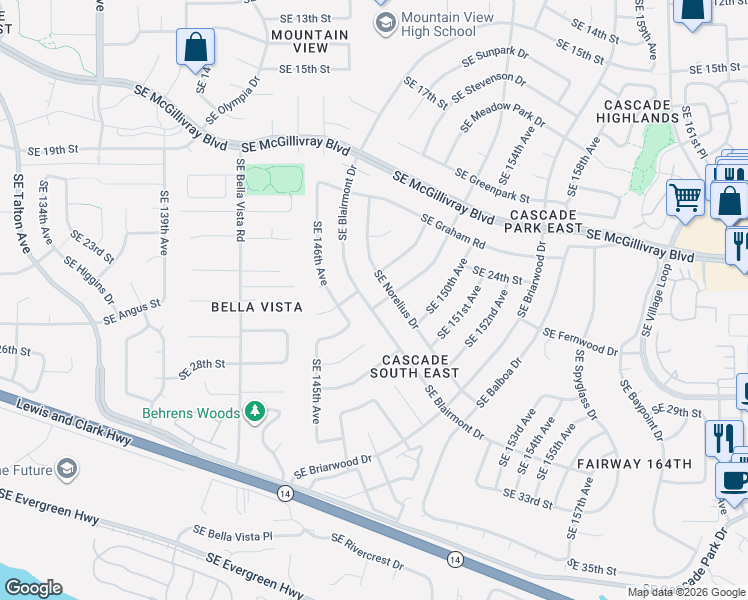 map of restaurants, bars, coffee shops, grocery stores, and more near 2512 Southeast Park Crest Avenue in Vancouver