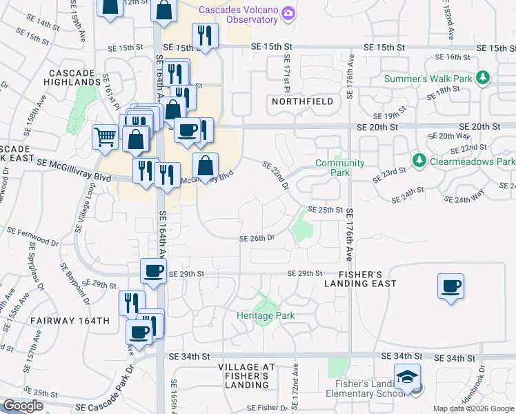 map of restaurants, bars, coffee shops, grocery stores, and more near 16900 Southeast 26th Drive in Vancouver