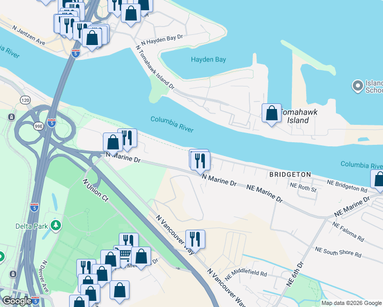 map of restaurants, bars, coffee shops, grocery stores, and more near 402 North Bridgeton Road in Portland