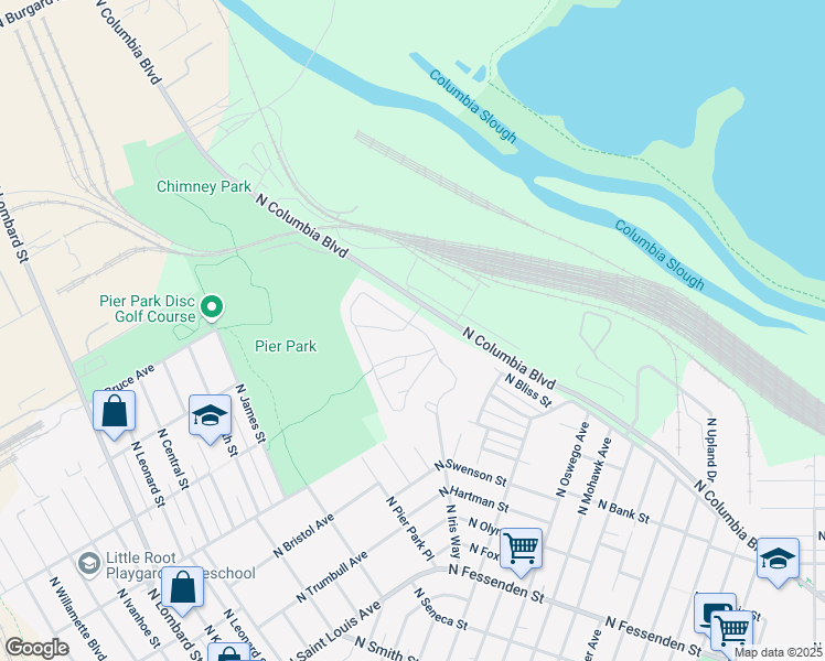map of restaurants, bars, coffee shops, grocery stores, and more near 8778 North Columbia Boulevard in Portland