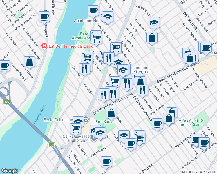 map of restaurants, bars, coffee shops, grocery stores, and more near 11766 Avenue Pigeon in Montréal