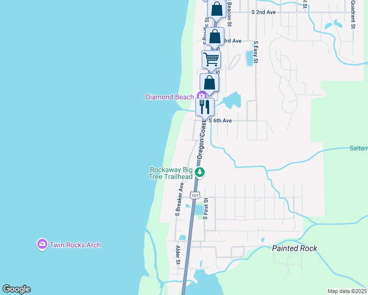 map of restaurants, bars, coffee shops, grocery stores, and more near 725 South Breaker Avenue in Rockaway Beach