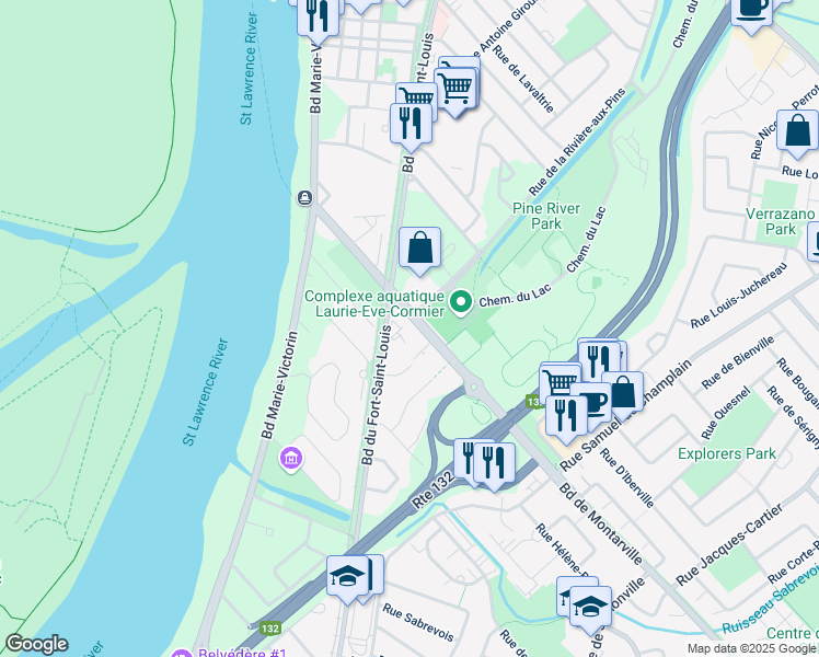 map of restaurants, bars, coffee shops, grocery stores, and more near 99 Boulevard de Montarville in Boucherville