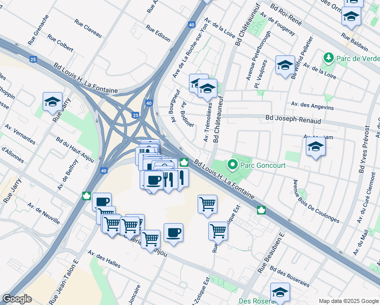map of restaurants, bars, coffee shops, grocery stores, and more near 7777 Boulevard Louis-H. La Fontaine in Montréal