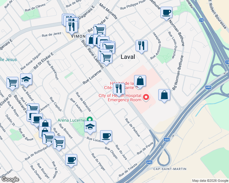 map of restaurants, bars, coffee shops, grocery stores, and more near 1701 Place de Fagnolle in Laval