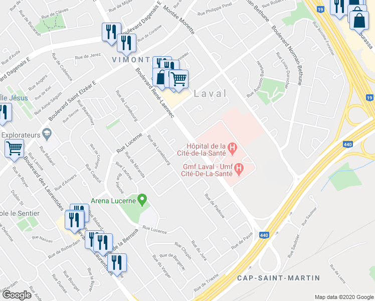 map of restaurants, bars, coffee shops, grocery stores, and more near 1701 Place de Fagnolle in Laval