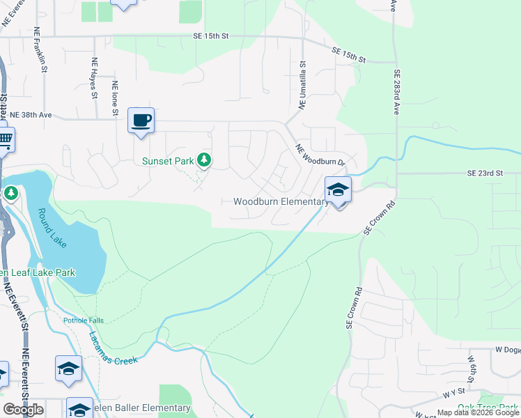 map of restaurants, bars, coffee shops, grocery stores, and more near 1741 Northeast Pecan Lane in Camas