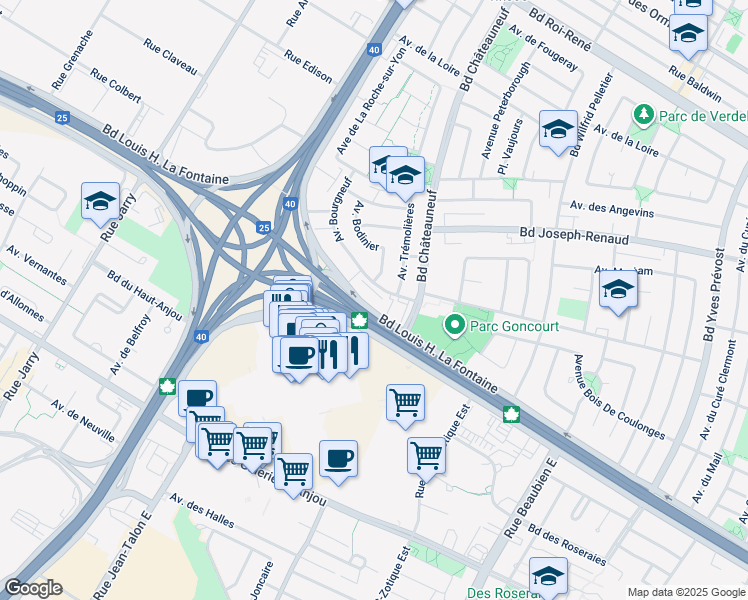 map of restaurants, bars, coffee shops, grocery stores, and more near 7777 Boulevard Louis-H. La Fontaine in Montréal