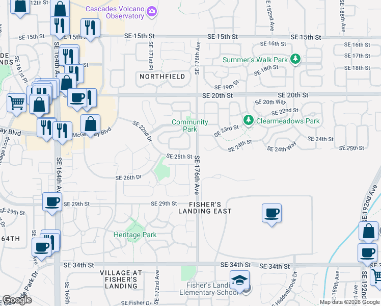 map of restaurants, bars, coffee shops, grocery stores, and more near 17416 Southeast 25th Way in Vancouver