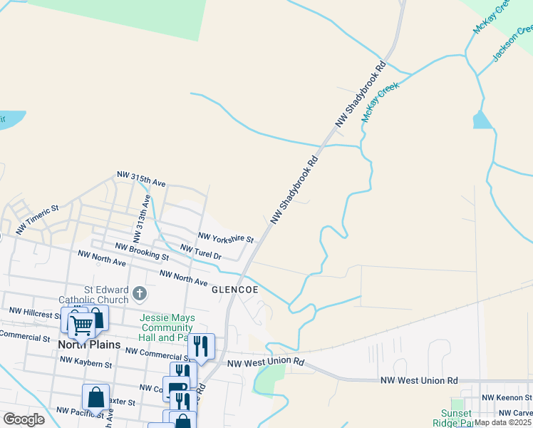 map of restaurants, bars, coffee shops, grocery stores, and more near 11395 Northwest Shadybrook Road in North Plains