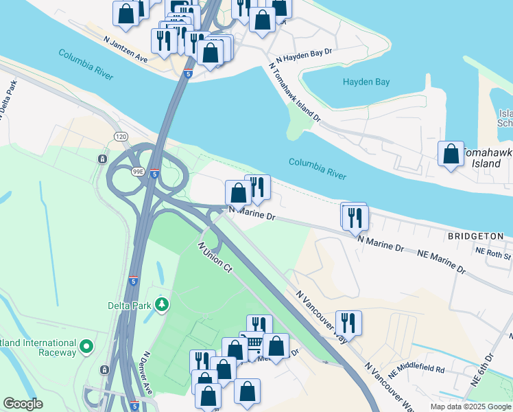 map of restaurants, bars, coffee shops, grocery stores, and more near 910 North Harbour Drive in Portland