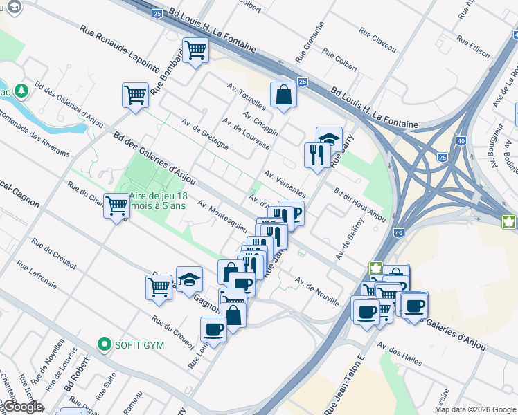 map of restaurants, bars, coffee shops, grocery stores, and more near 8680 Avenue d'Allonnes in Montréal