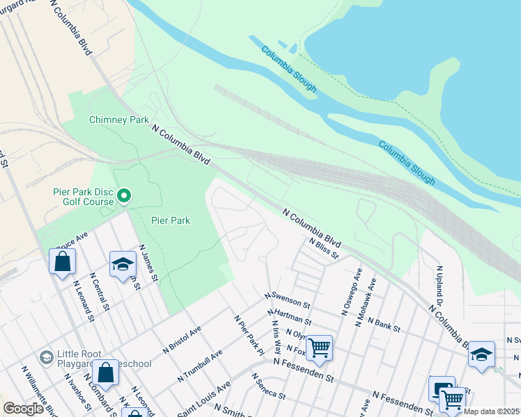 map of restaurants, bars, coffee shops, grocery stores, and more near 8732 North Columbia Boulevard in Portland