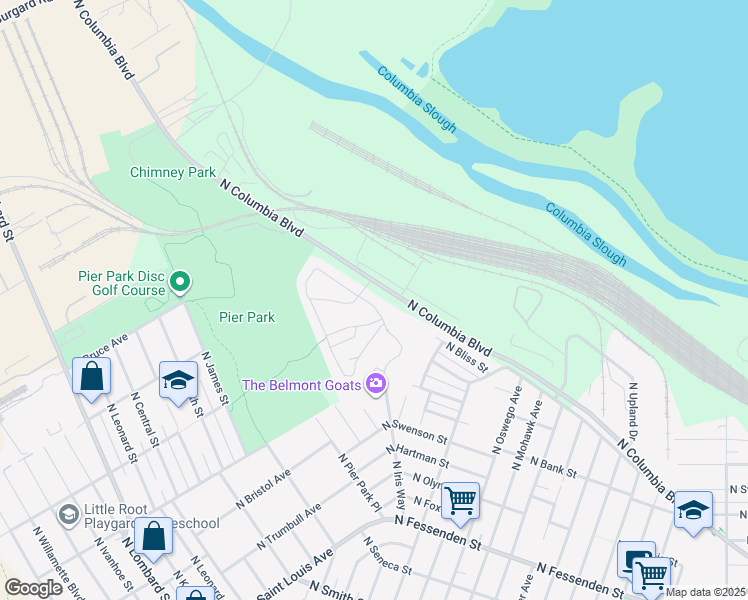 map of restaurants, bars, coffee shops, grocery stores, and more near 8732 North Columbia Boulevard in Portland