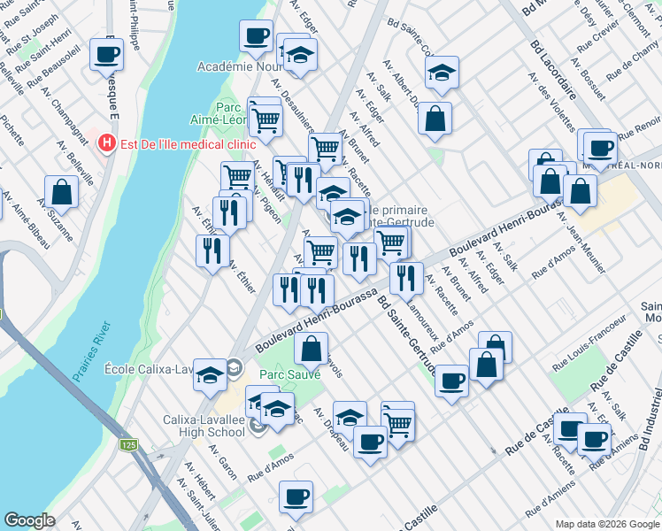 map of restaurants, bars, coffee shops, grocery stores, and more near Rue des Ardennes in Montréal