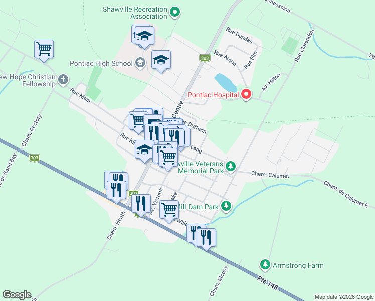 map of restaurants, bars, coffee shops, grocery stores, and more near 174 Avenue Victoria in Shawville