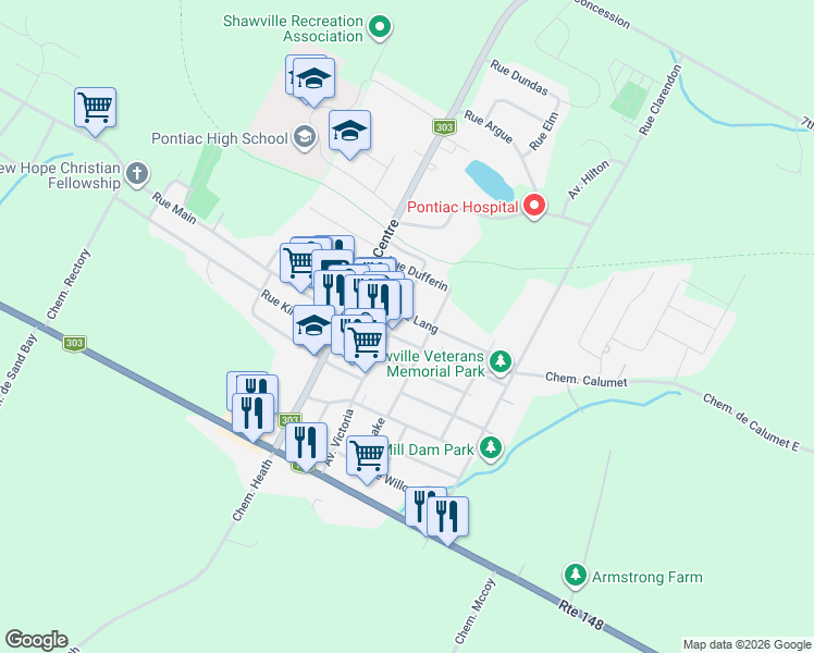 map of restaurants, bars, coffee shops, grocery stores, and more near 174 Avenue Victoria in Shawville