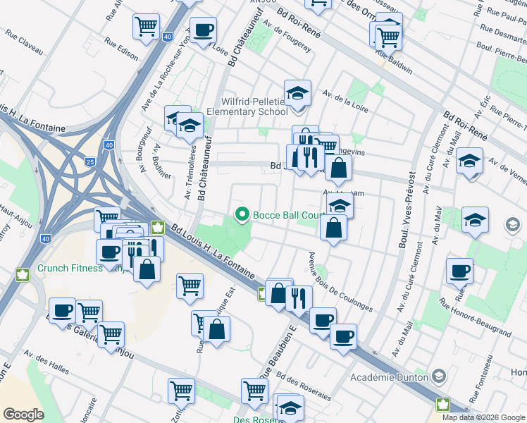 map of restaurants, bars, coffee shops, grocery stores, and more near 7922 Avenue Candes in Montréal