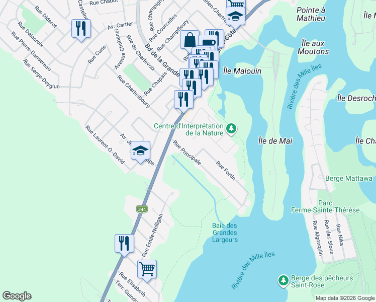 map of restaurants, bars, coffee shops, grocery stores, and more near 83 Rue Principale in Boisbriand