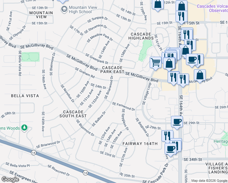 map of restaurants, bars, coffee shops, grocery stores, and more near 2415 Southeast Balboa Drive in Vancouver