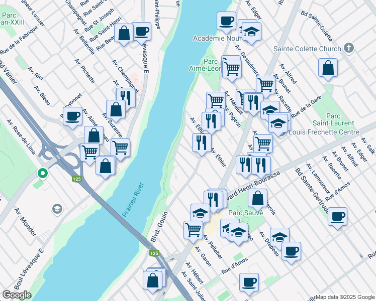 map of restaurants, bars, coffee shops, grocery stores, and more near Avenue Patricia in Montréal