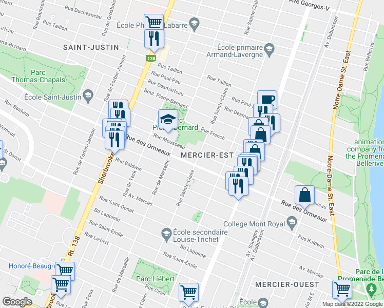 map of restaurants, bars, coffee shops, grocery stores, and more near 2870 Rue Mousseau in Montréal