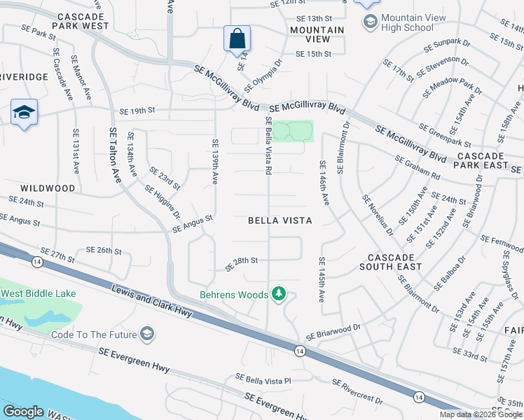 map of restaurants, bars, coffee shops, grocery stores, and more near 2414 Southeast Bella Vista Road in Vancouver