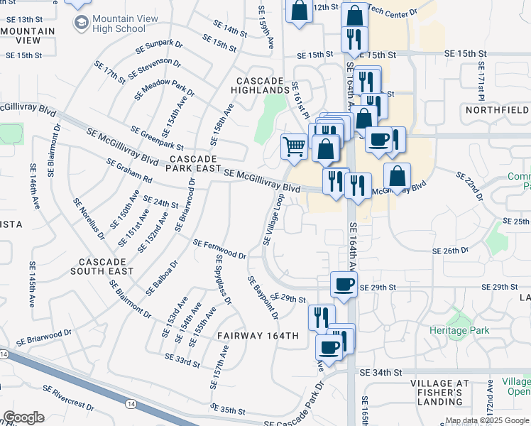 map of restaurants, bars, coffee shops, grocery stores, and more near 2418 Southeast Baypoint Drive in Vancouver