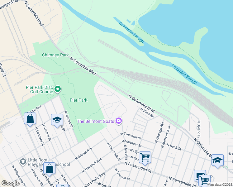 map of restaurants, bars, coffee shops, grocery stores, and more near 8732 North Columbia Boulevard in Portland