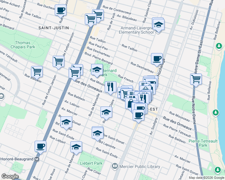 map of restaurants, bars, coffee shops, grocery stores, and more near 2870 Rue Mousseau in Montréal