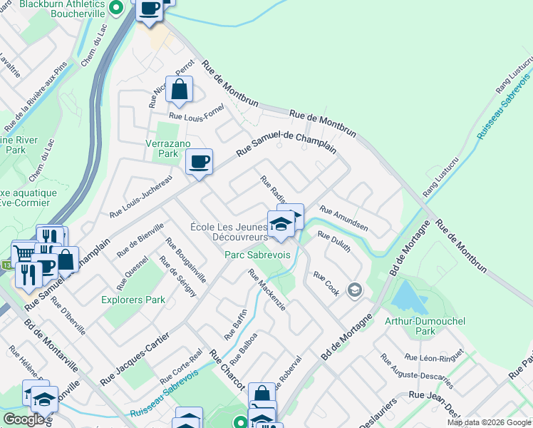 map of restaurants, bars, coffee shops, grocery stores, and more near 665 Rue de Magellan in Boucherville
