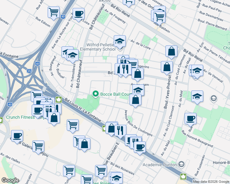 map of restaurants, bars, coffee shops, grocery stores, and more near 7953 Boulevard Wilfrid Pelletier in Montréal