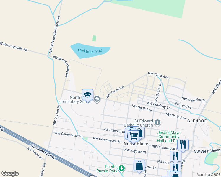 map of restaurants, bars, coffee shops, grocery stores, and more near 31756 NW Blake Terrace in North Plains