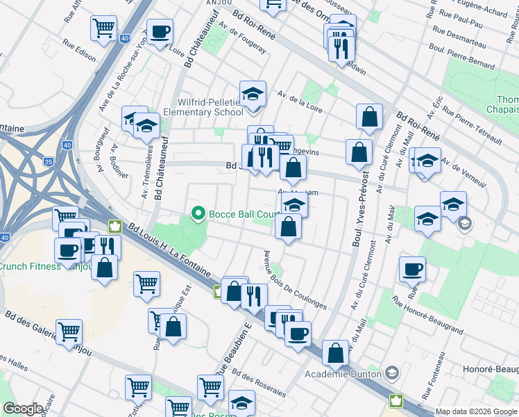 map of restaurants, bars, coffee shops, grocery stores, and more near 7985 Place de Spalding in Montréal