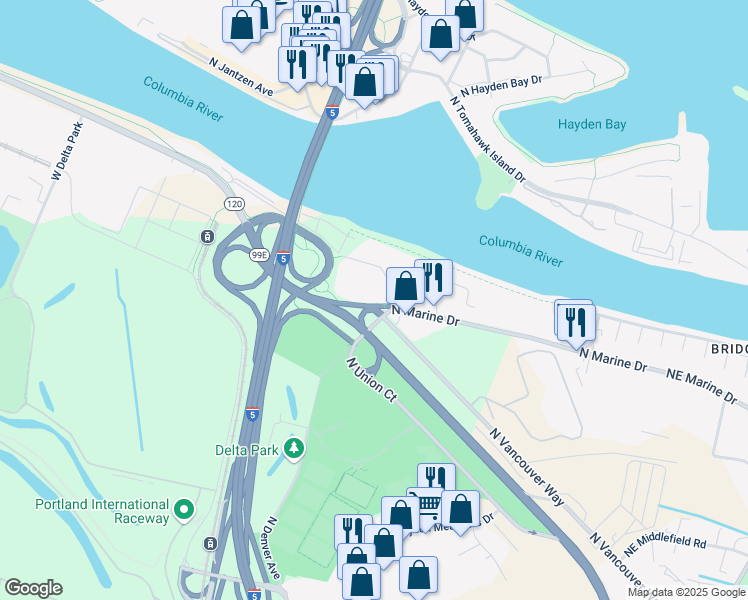 map of restaurants, bars, coffee shops, grocery stores, and more near 1425 North Marine Drive in Portland