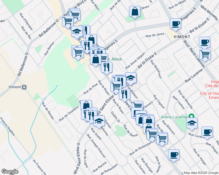 map of restaurants, bars, coffee shops, grocery stores, and more near 11 Rue des Flandres in Laval