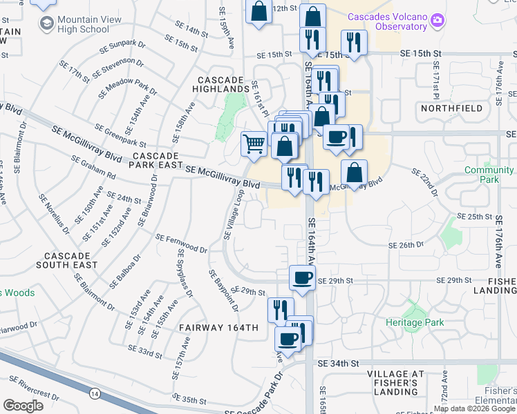 map of restaurants, bars, coffee shops, grocery stores, and more near 2404 Southeast 161st Court in Vancouver