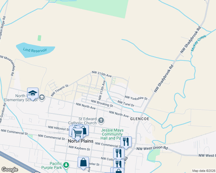 map of restaurants, bars, coffee shops, grocery stores, and more near 31147 Northwest 311th Avenue in North Plains