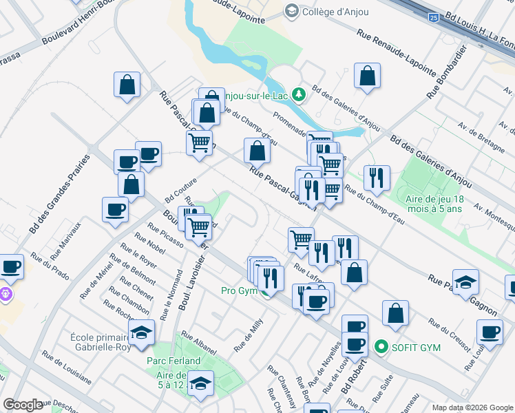 map of restaurants, bars, coffee shops, grocery stores, and more near 8965 Rue Giovanni-Caboto in Montréal