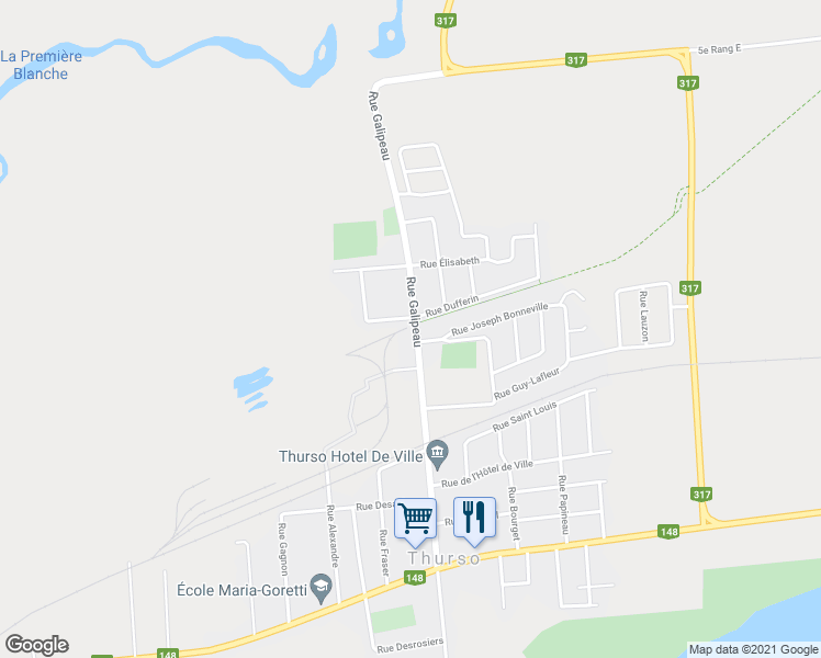 map of restaurants, bars, coffee shops, grocery stores, and more near 220 Rue Galipeau in Thurso
