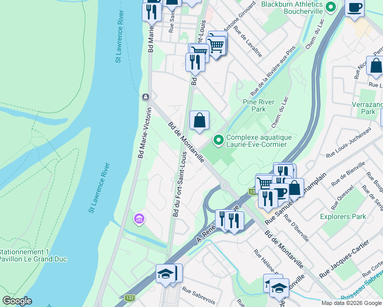 map of restaurants, bars, coffee shops, grocery stores, and more near 100 Boulevard de Montarville in Boucherville