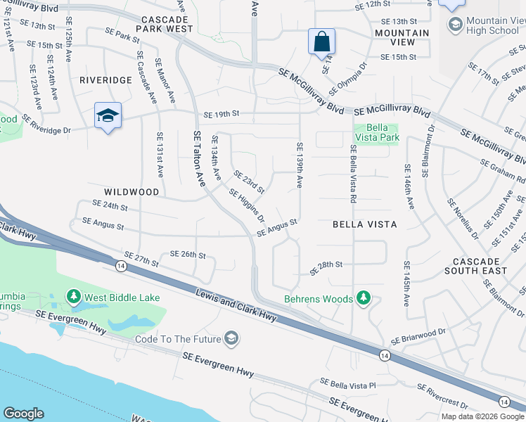 map of restaurants, bars, coffee shops, grocery stores, and more near 2409 Southeast Higgins Drive in Vancouver