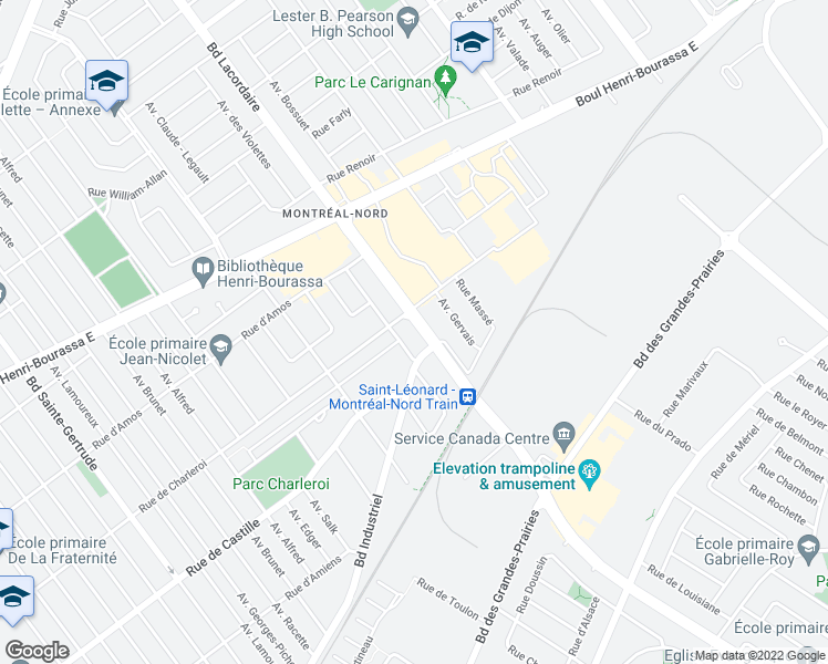 map of restaurants, bars, coffee shops, grocery stores, and more near 11002 Boulevard Lacordaire in Montréal