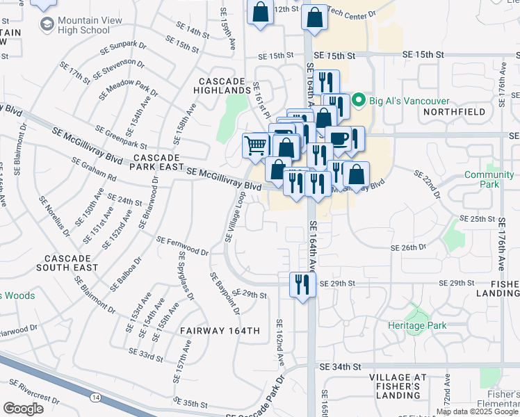 map of restaurants, bars, coffee shops, grocery stores, and more near 2404 Southeast 161st Court in Vancouver