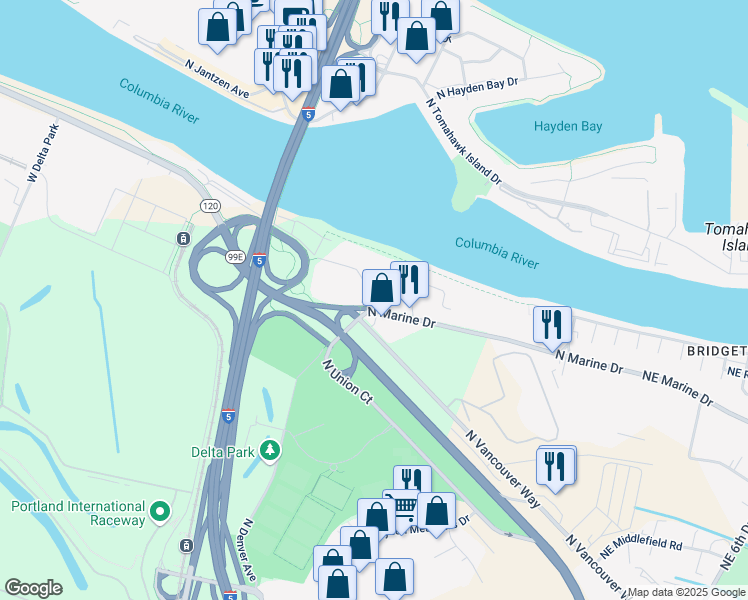 map of restaurants, bars, coffee shops, grocery stores, and more near 1020 North Marine Drive in Portland