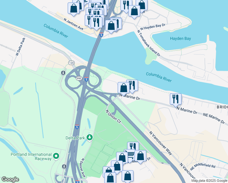 map of restaurants, bars, coffee shops, grocery stores, and more near 1425 North Marine Drive in Portland