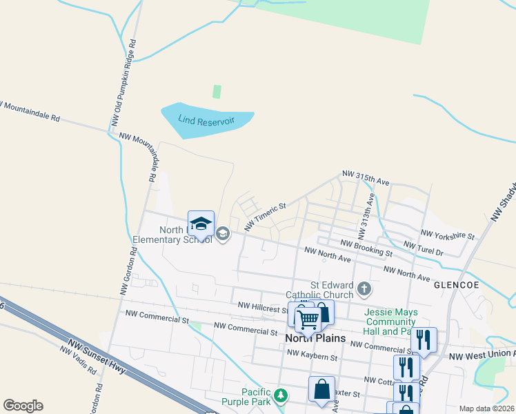 map of restaurants, bars, coffee shops, grocery stores, and more near 31740 NW Blake Terrace in North Plains