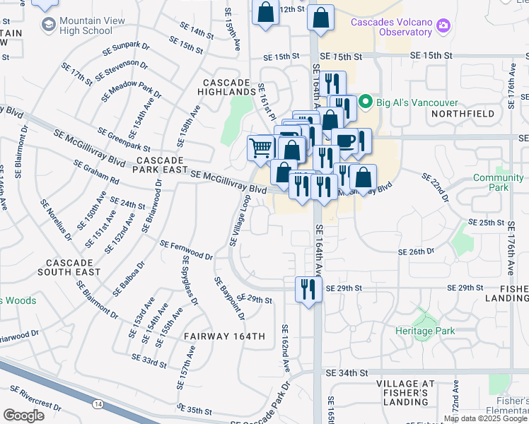 map of restaurants, bars, coffee shops, grocery stores, and more near 2404 Southeast 161st Court in Vancouver