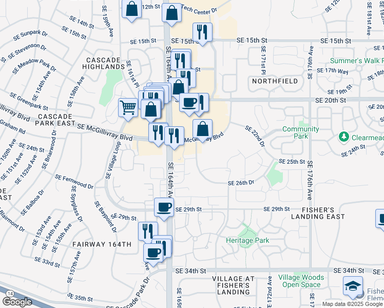 map of restaurants, bars, coffee shops, grocery stores, and more near 2415 Southeast 165th Avenue in Vancouver